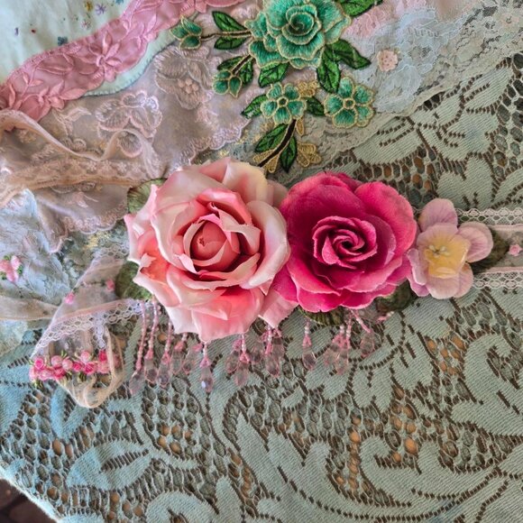 Ethereal Romance | Pink | Sash | Vintage Millinery Roses and Beaded Fringe Belt - Picture 3 of 8